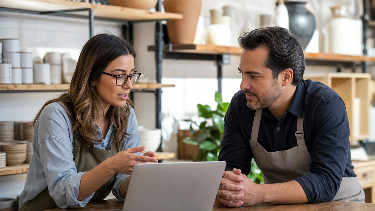 A shop owner and a designer discussing what a new website should include
