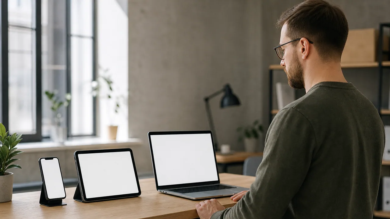 A person checking the same web page on a laptop, tablet and phone
