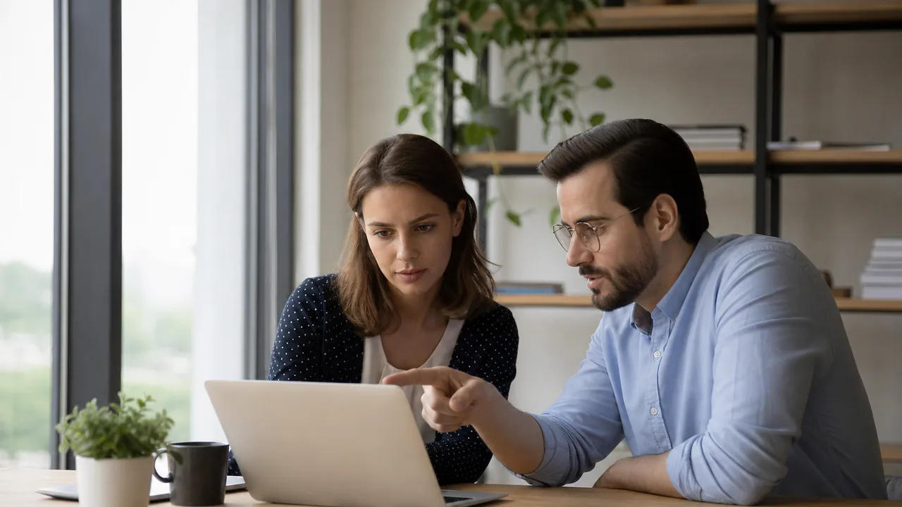 Two colleagues checking a domain setup on a laptop before a website goes live